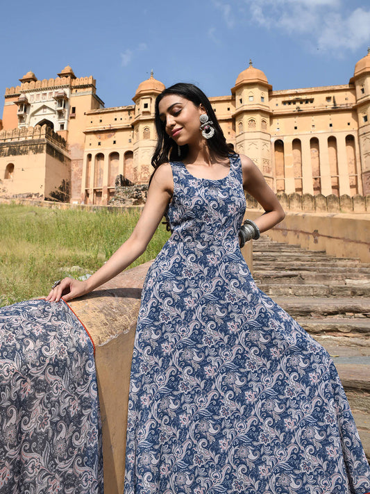 Janasya Women's Blue Georgette Floral Print Kurta With Flared Palazzo And Dupatta | Swadesiicart