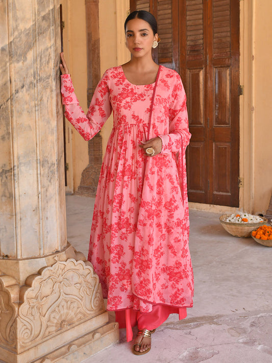 Janasya Women's Peach Georgette Floral Print Kurta With Flared Palazzo And Dupatta | Swadesiicart