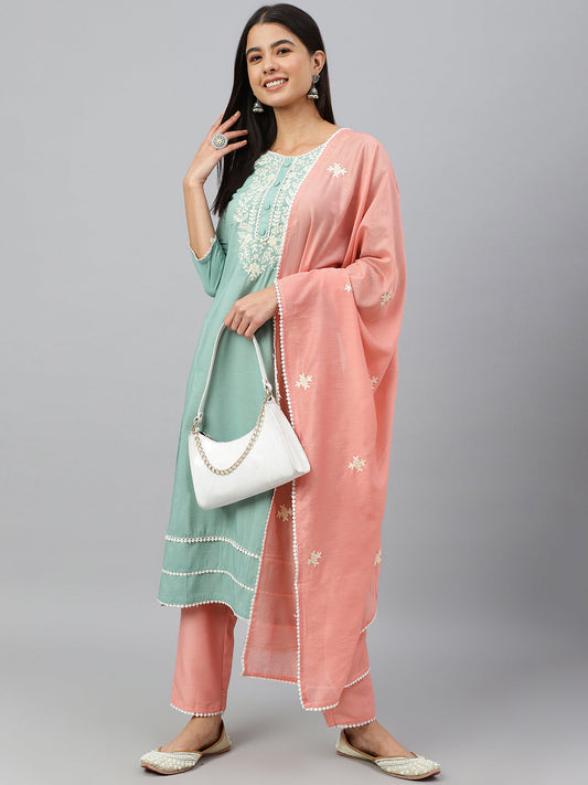 Janasya Women's Green Poly Silk Embroidered Kurta With Pant And Dupatta | Swadesiicart