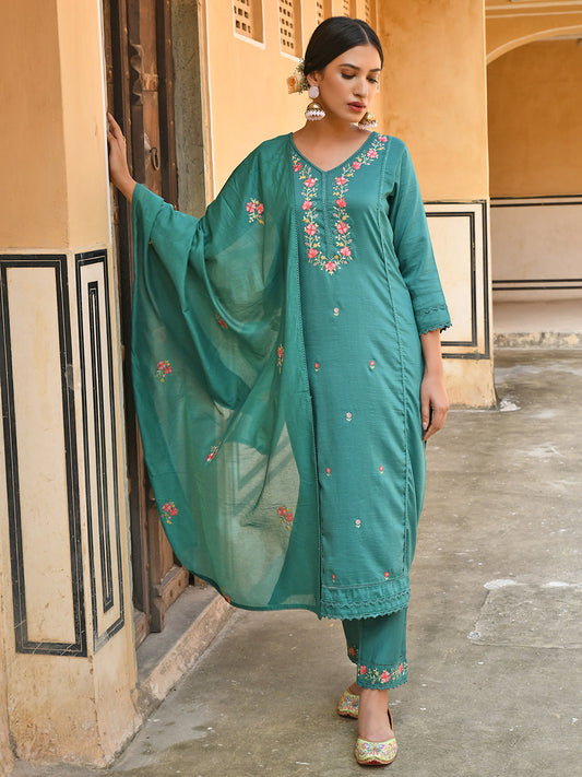 Janasya Women's Green Poly Silk Floral Embroidered Kurta With Pant And Dupatta | Swadesiicart