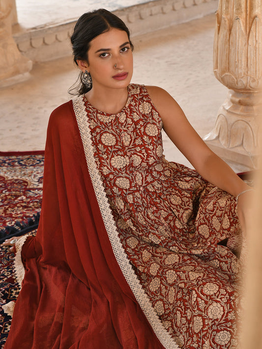 Janasya Women's Rust Cotton Floral Print Kurta With Palazzo And Dupatta | Swadesiicart