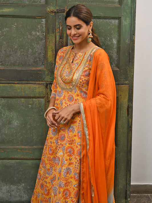 Janasya Women's Mustard Cotton Embroidered Kurta With Palazzo And Dupatta | Swadesiicart