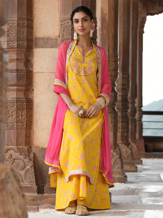 Janasya Women's Yellow Cotton Embroidered Kurta With Palazzo And Dupatta | Swadesiicart