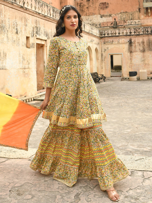 Janasya Women's Light Green Cotton Floral Block Print Kurta With Gharara And Dupatta | Swadesiicart