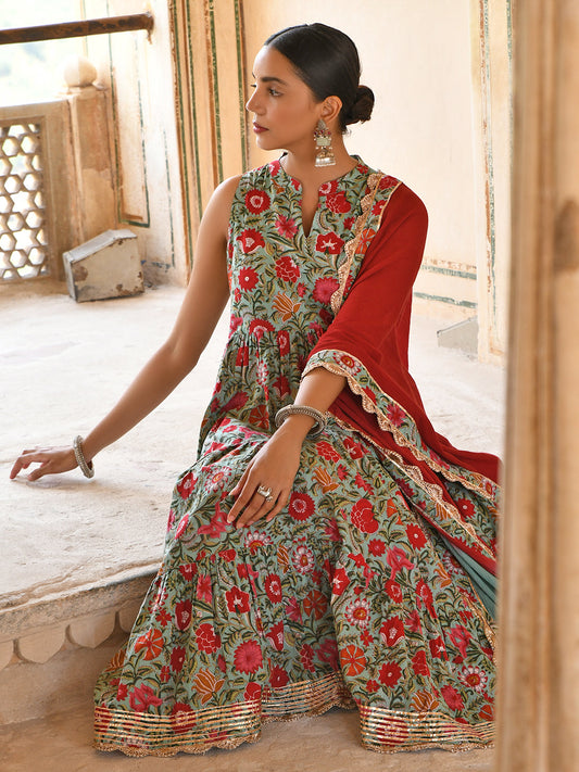 Janasya Women's Sea Green Cotton Floral Block Print Kurta With Pant And Dupatta | Swadesiicart