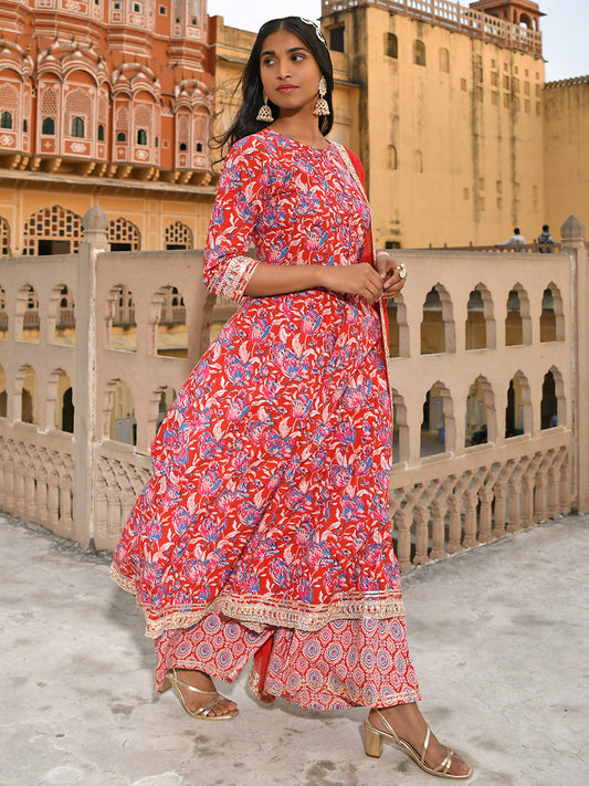 Janasya Women's Red Cotton Floral Block Print Kurta With Flared Palazzo And Dupatta | Swadesiicart