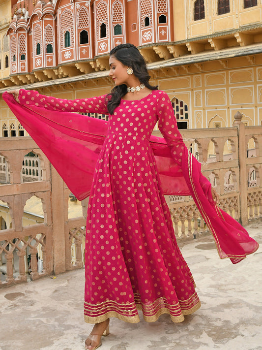 Janasya Women's Bright Pink Georgette Foil Print Kurta With Dupatta | Swadesiicart