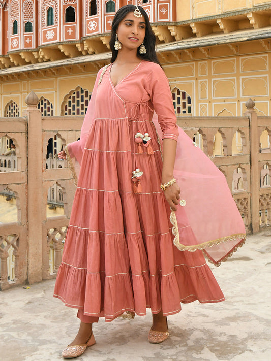 Janasya Women's Dusty Rose Cotton Embellished Kurta With Pant And Dupatta | Swadesiicart