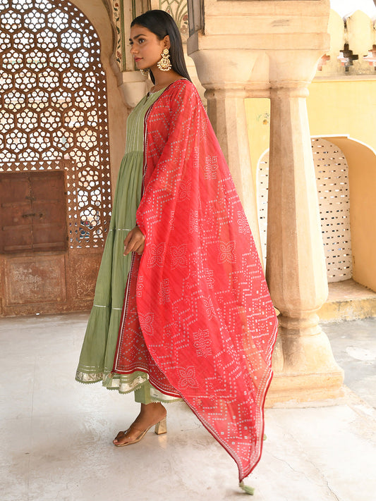 Janasya Women's Pastel Green Cotton Solid Kurta With Pant And Dupatta | Swadesiicart