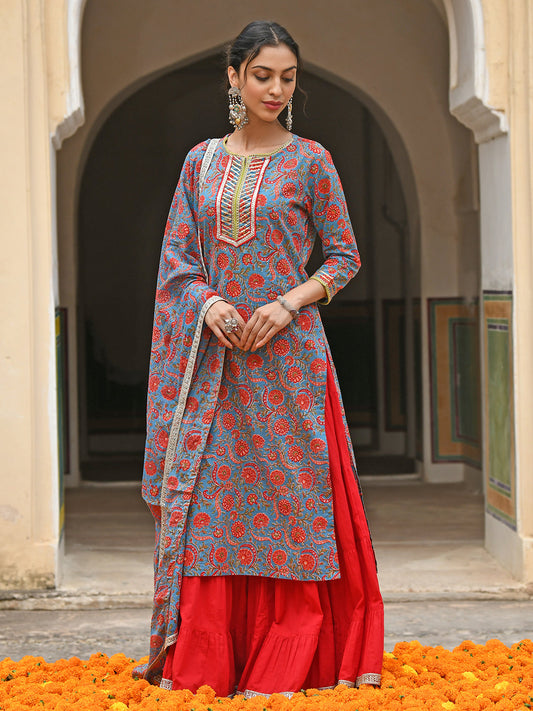 Janasya Women's Sky Blue Cotton Floral Block Print Kurta With Gharara And Dupatta | Swadesiicart