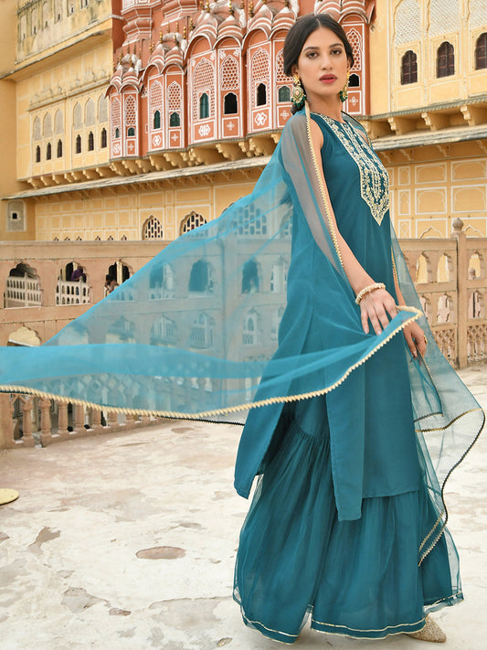 Janasya Women's Teal Green Poly Silk Embroidered Kurta With Sharara And Dupatta | Swadesiicart