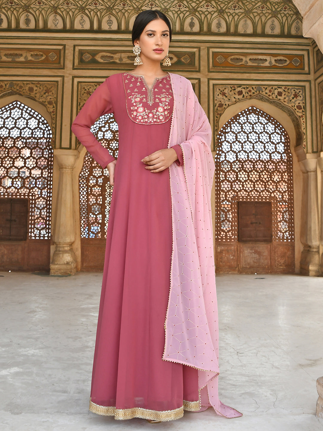 Janasya Women's Old Rose Georgette Embroidered Kurta With Dupatta | Swadesiicart