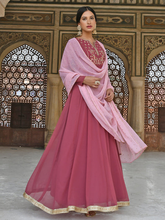 Janasya Women's Old Rose Georgette Embroidered Kurta With Dupatta | Swadesiicart