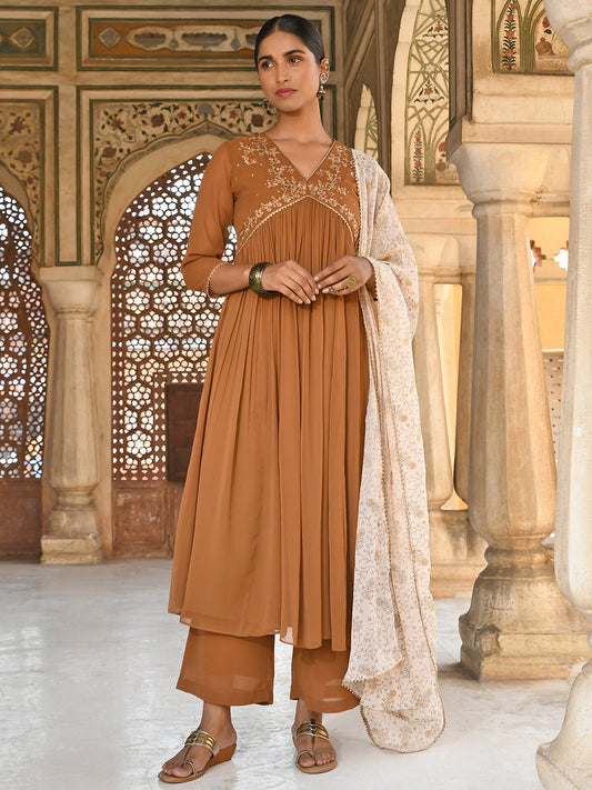 Janasya Women's Brown Georgette Floral Embroidery Kurta With Palazzo And Dupatta | Swadesiicart