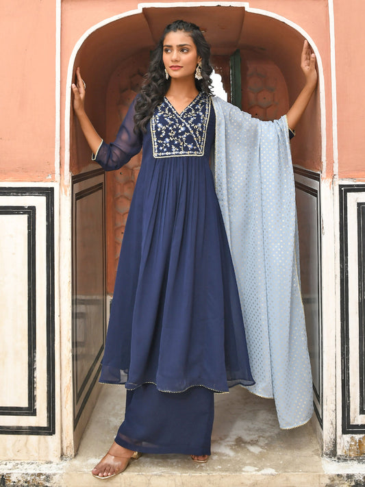 Janasya Women's Navy Blue Georgette Embroidered Kurta With Flared Palazzo And Dupatta | Swadesiicart
