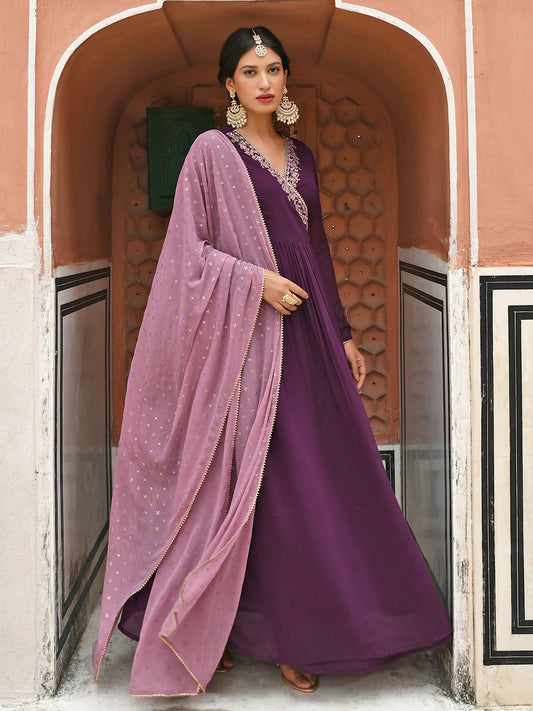 Janasya Women's Wine Georgette Solid Kurta With Dupatta | Swadesiicart
