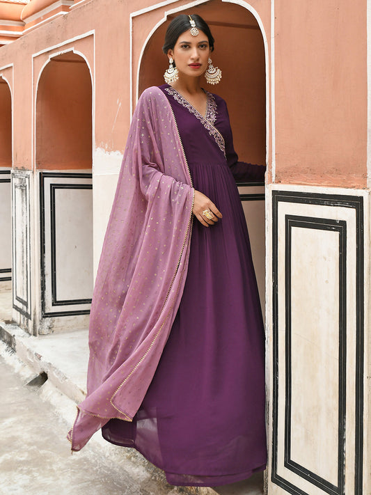 Janasya Women's Wine Georgette Solid Kurta With Dupatta | Swadesiicart