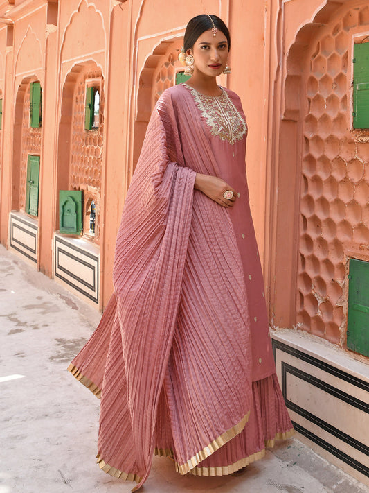 Janasya Women's Old Rose Chinon Embroidered Kurta With Skirt And Dupatta | Swadesiicart