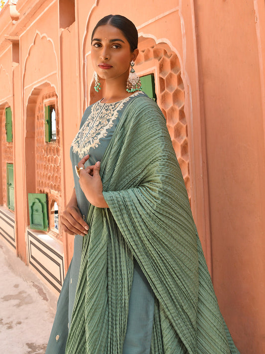 Janasya Women's Green Chinon Embroidered Kurta With Skirt And Dupatta | Swadesiicart