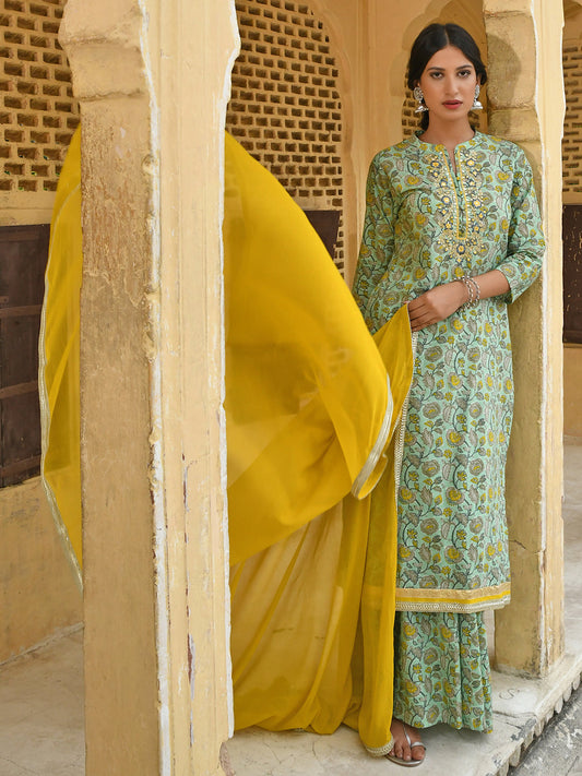 Janasya Women's Light Green Cotton Floral Print Kurta With Flared Palazzo And Dupatta | Swadesiicart