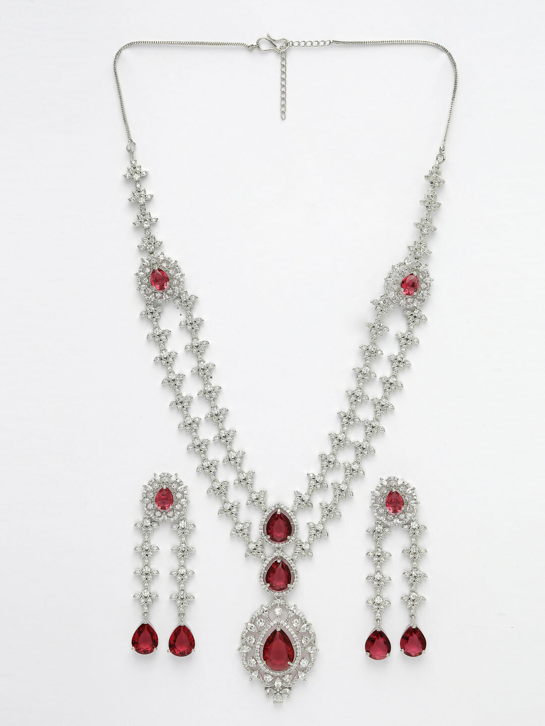 NVR Women's Silver-Plated Red CZ-Studded Handcrafted Jewellery Set - Swadesiicart