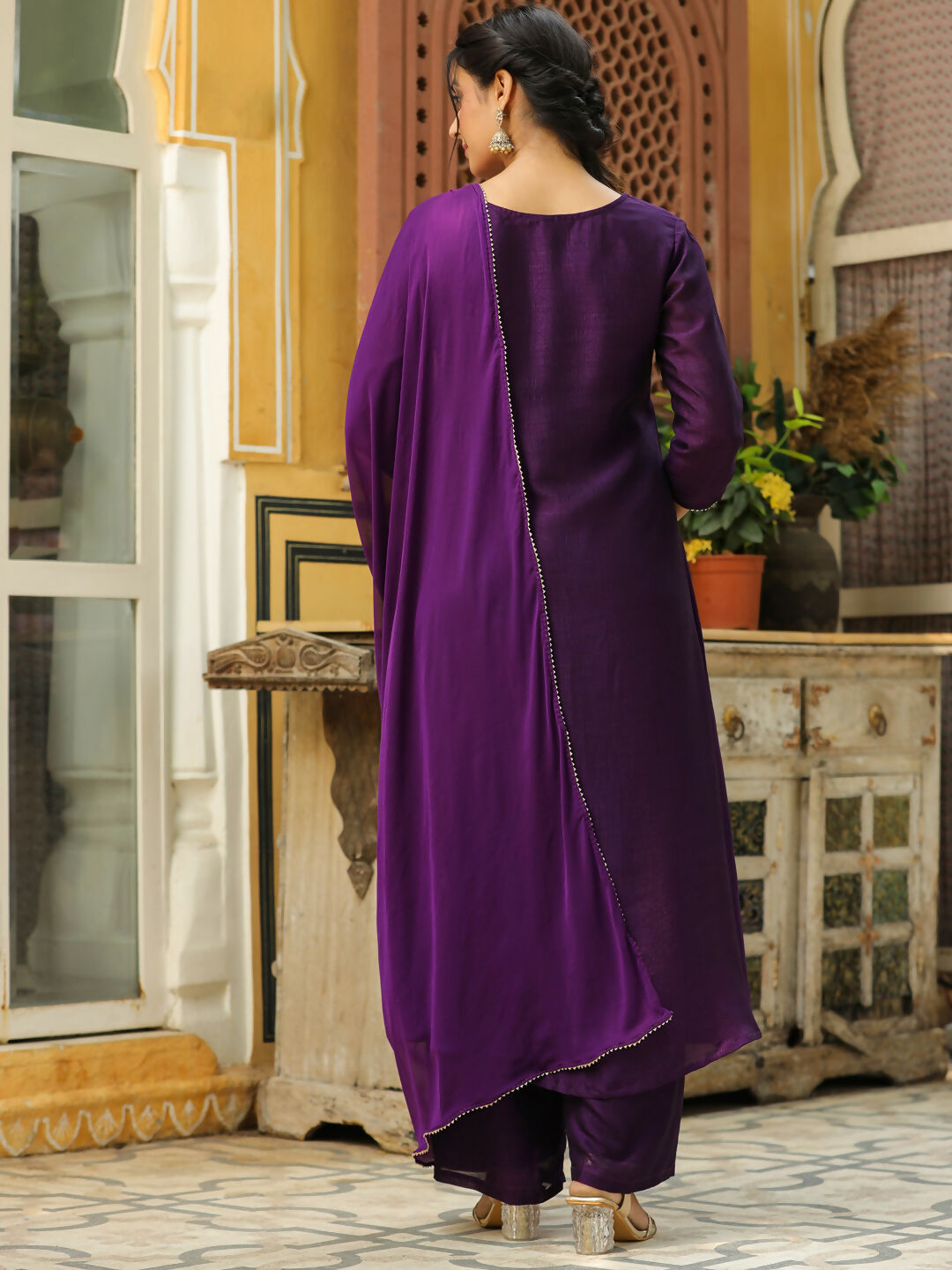 Janasya Purple Silk Blend Yoke Embroidery Kurta,Bottom & Dupatta | Swadesiicart