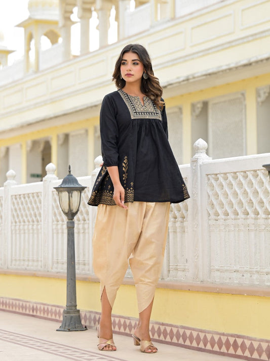 Juniper Women's Black Ethnic Motif Printed Tunic & Dhoti Pant Co-Ord Set For With Zari Embroidery - Swadesiicart