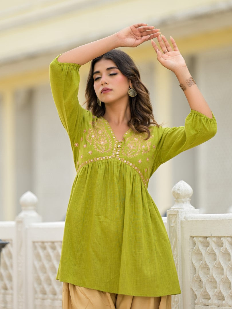 Juniper Women's Gold Ethnic Motif Printed Cotton Top And Pant Co-Ord Set With Zari Work - Swadesiicart