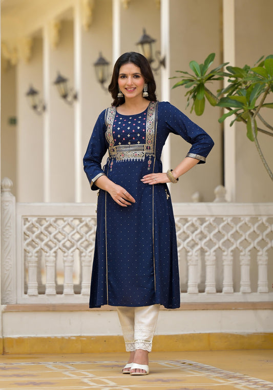 Juniper Blue Solid Rayon Kurta With Sequins & Doris - Swadesiicart