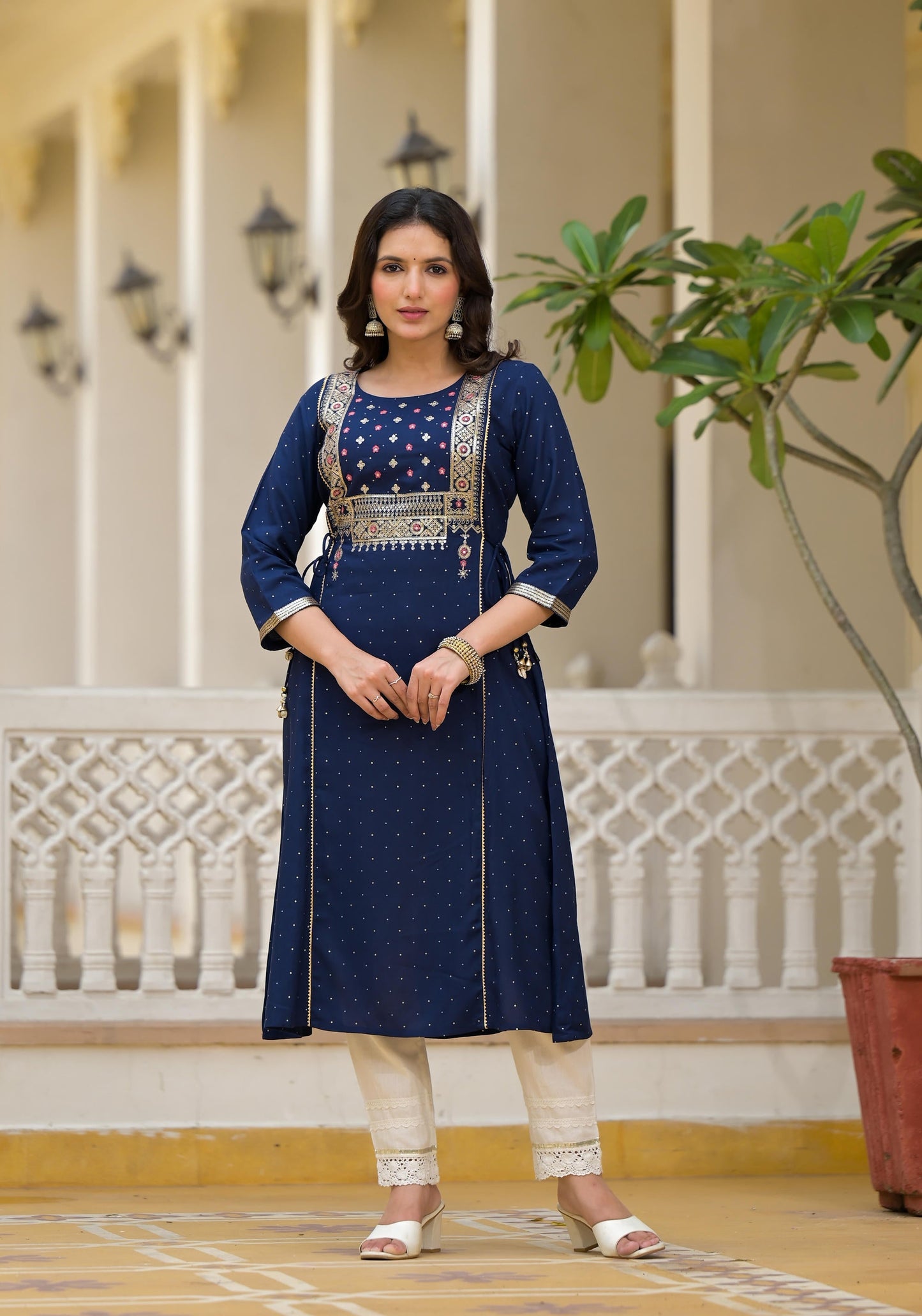Juniper Blue Solid Rayon Kurta With Sequins & Doris - Swadesiicart