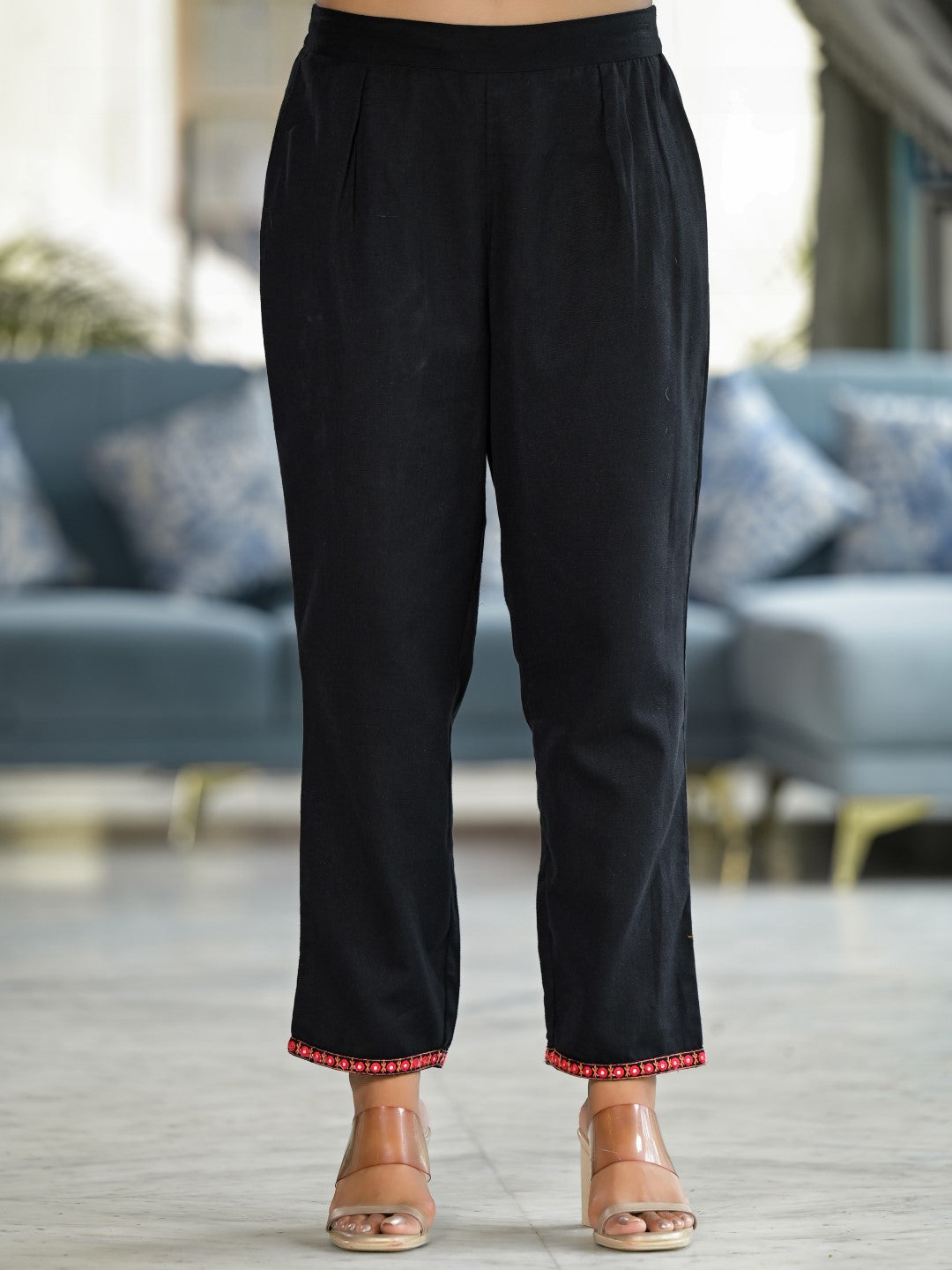 Juniper Women's Black Thread Embroidered Liva Rayon Tunic Pant Set With Mirror Work & Buttons - Swadesiicart