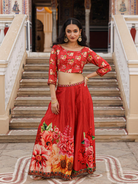 Juniper The Adah Rust Floral Printed Viscose Top & Skirt Set With Sequins & Thread Work - Swadesiicart