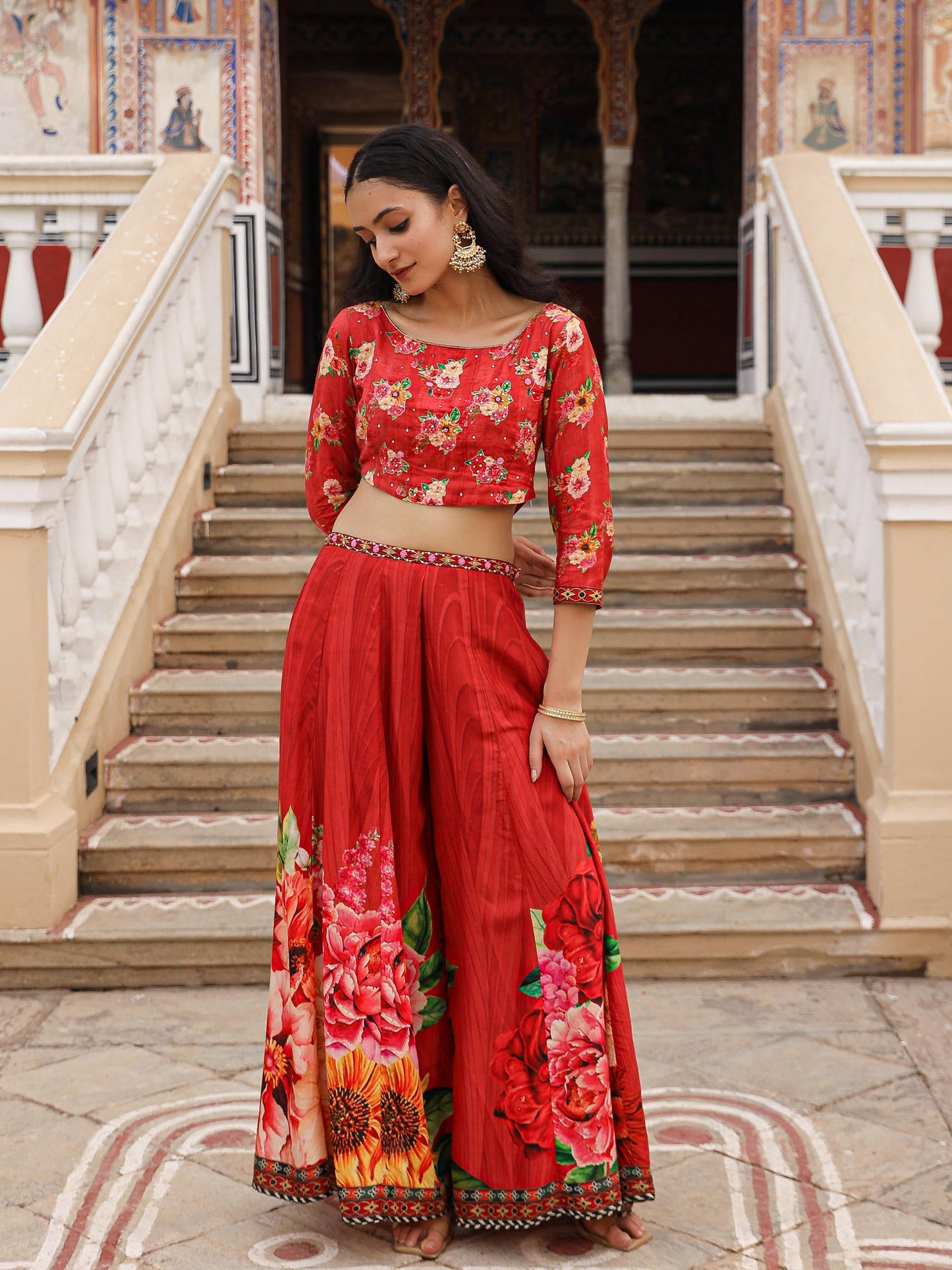 Juniper The Adah Rust Floral Printed Viscose Top & Skirt Set With Sequins & Thread Work - Swadesiicart