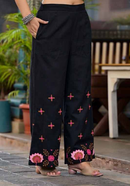 Juniper Women's Black Thread Embroidered Cotton Top & Palazzo Set With Button Detail - Swadesiicart