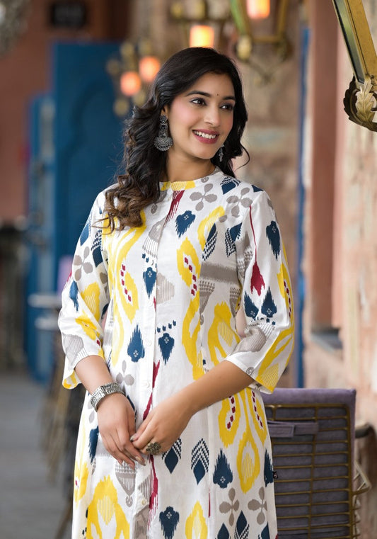 Juniper Women's Yellow Ikat Printed Liva Rayon Kurta With Button Closure - Swadesiicart