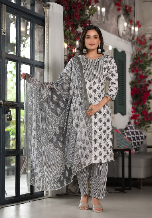 Juniper Women's Black Ethnic Motif Printed Cotton Kurta, Pant And Dupatta Set With Mirror & Thread Work - Swadesiicart
