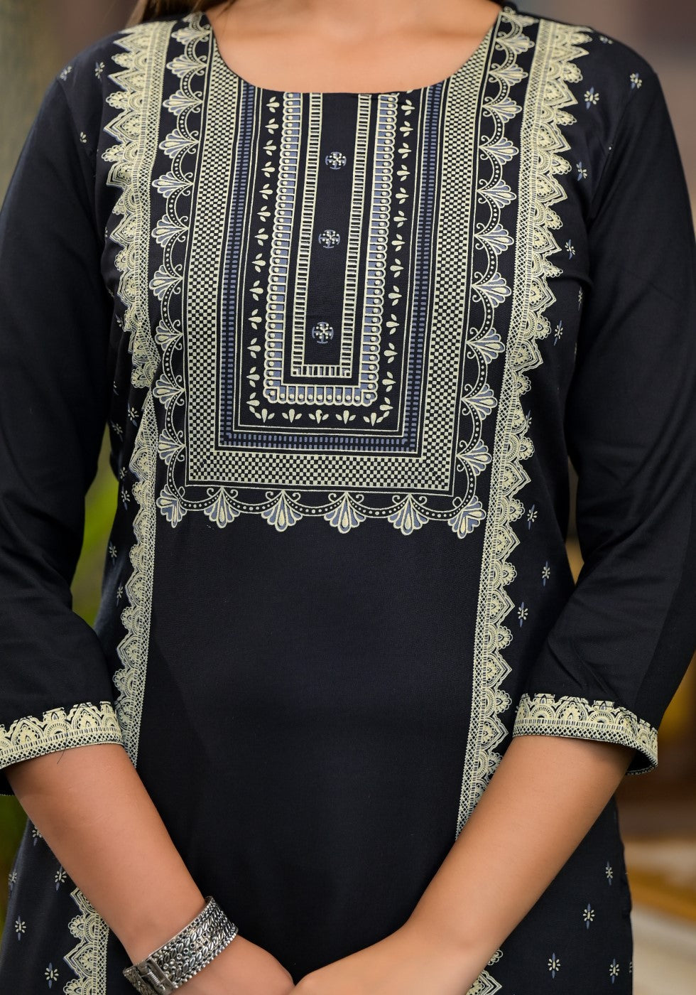 Juniper Women's Black Ethnic Motif Printed Rayon KurtaWith Straight Hemline And Buttons - Swadesiicart