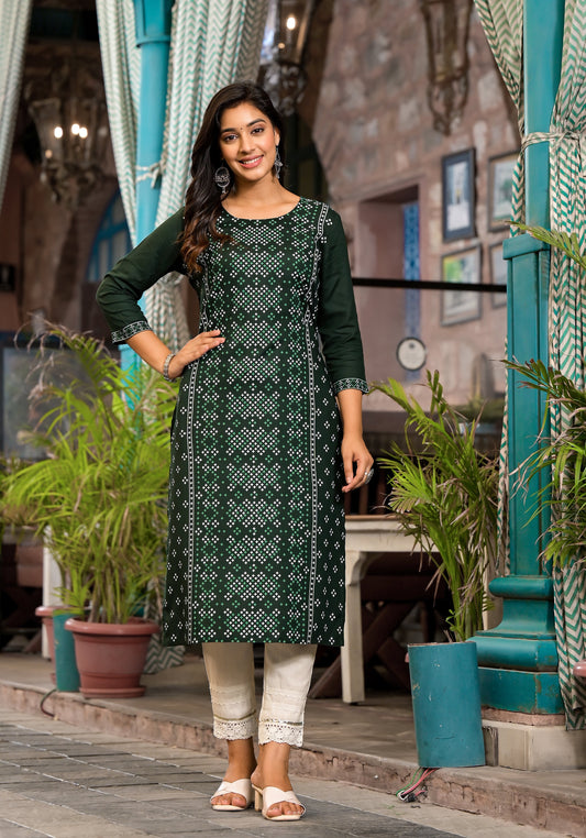 Juniper Women's Green Ethnic Motif Printed Round NeckRayon Kurta With Straight Hemline - Swadesiicart