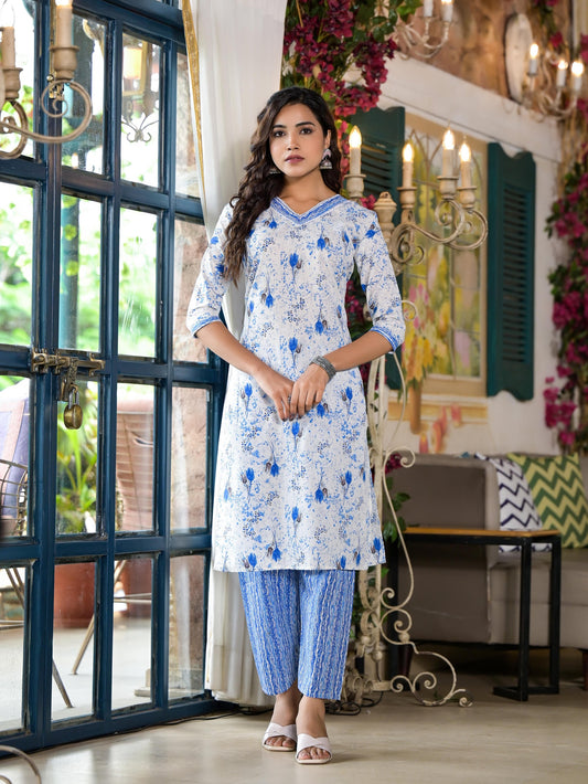 Juniper Women's Blue Floral Printed Cotton Kurta & Pant Set With Lace - Swadesiicart