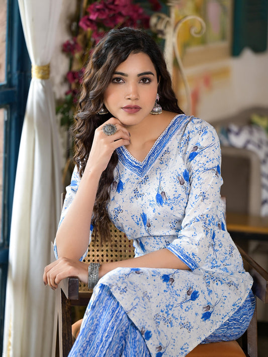 Juniper Women's Blue Floral Printed Cotton Kurta & Pant Set With Lace - Swadesiicart