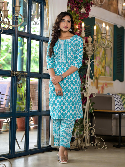 Juniper Women's Teal Ethnic Motif Printed Cotton Kurta & Pants Set With Lace - Swadesiicart