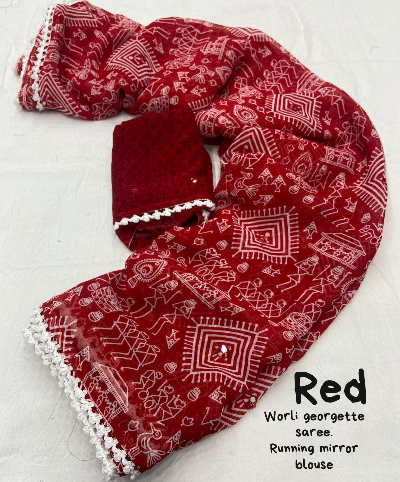 Red Poly Georgette Ethnic Motifs Saree with Unstitched Blouse - Hiral Fashion | Swadesiicart