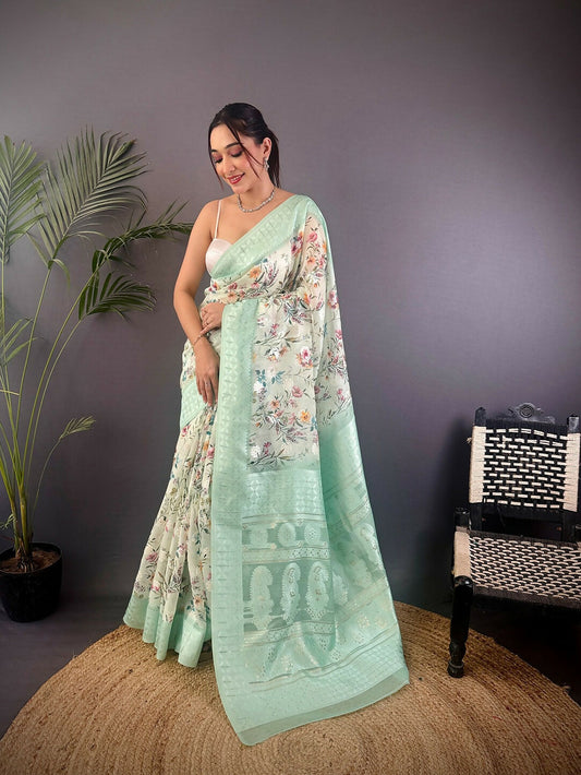 Joban Fashion Cyan Blue Floral Motifs Banarasi Silk Sarees | Swadesiicart