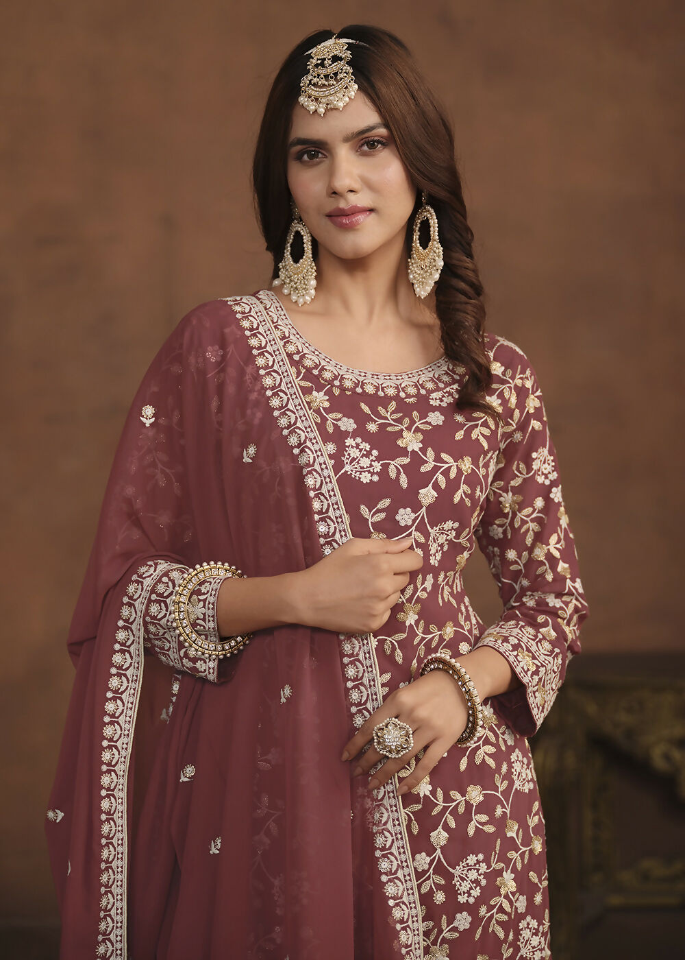 Faux Georgette Taupe Mauve Embroidered Festive Salwar Suit - Emponline | Swadesiicart