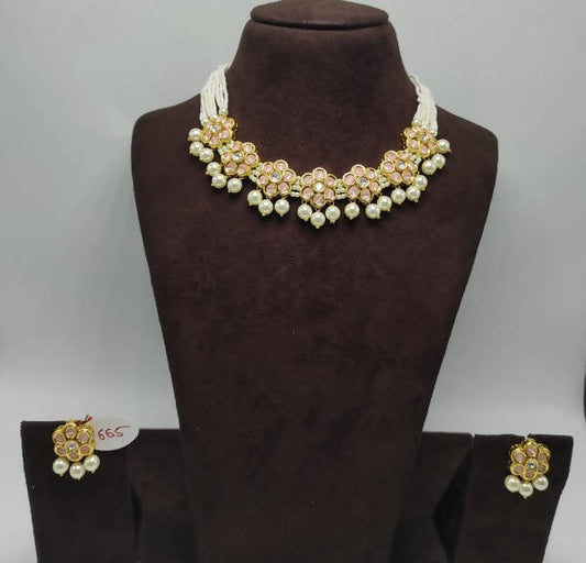 Khavi Arts Enamel Studded Pearl Choker-Peach | Swadesiicart