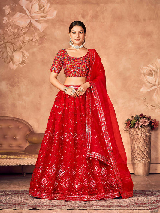 Wedding Designer Red Organzalehengha Choli - Anbazaar | Swadesiicart