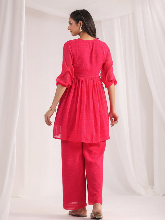 Janasya From Style Master Dobby Georgette Self Design Gathered Top & Bottom Set | Swadesiicart