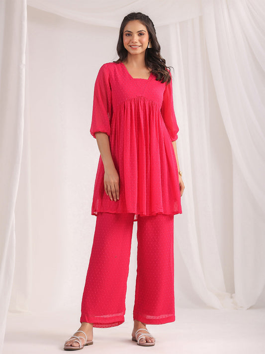 Janasya From Style Master Dobby Georgette Self Design Gathered Top & Bottom Set | Swadesiicart