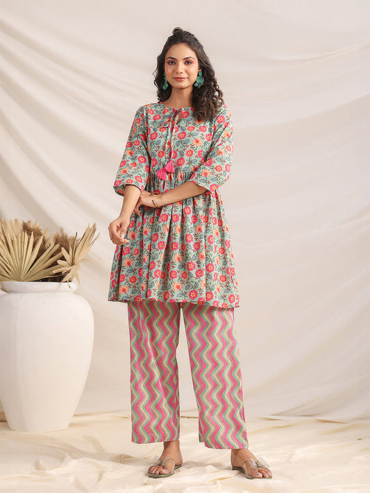 Janasya Sage Cambric Floral Co-Ords - Swadesiicart