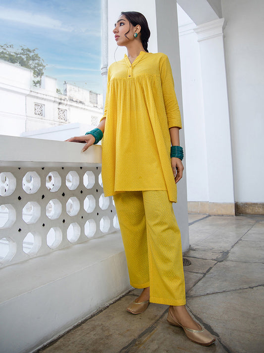 Janasya Gathered Jacquard Yellow Self Design Band Collar Co-Ords - Swadesiicart
